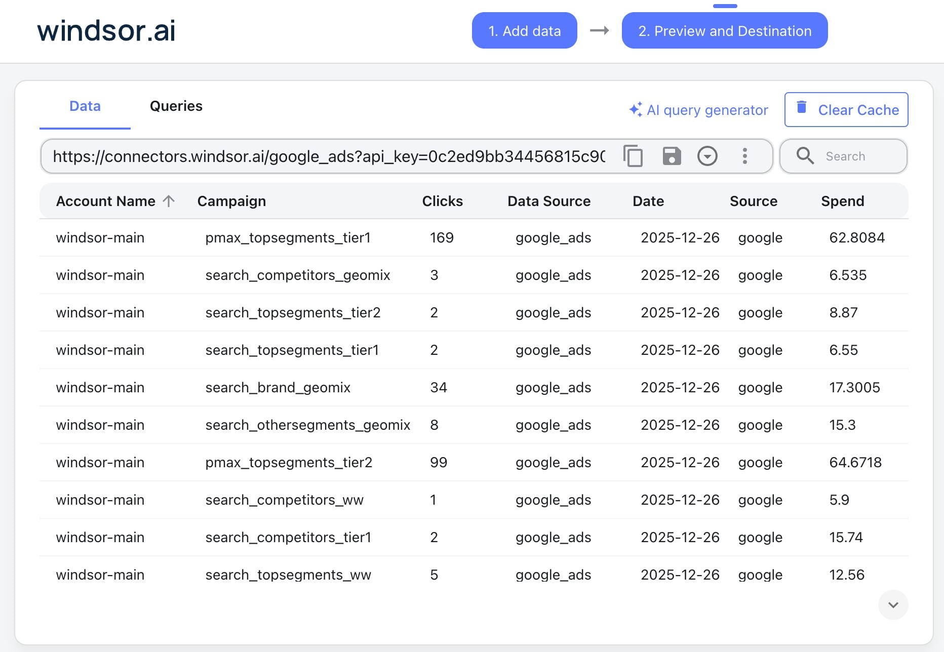 preview google ads data in windsor