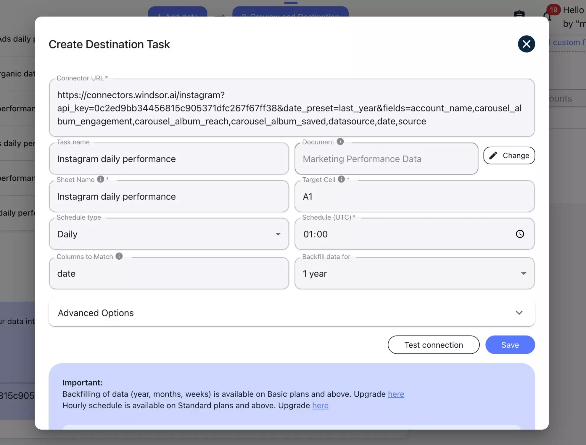 sync instagram to google sheets windsor destination task
