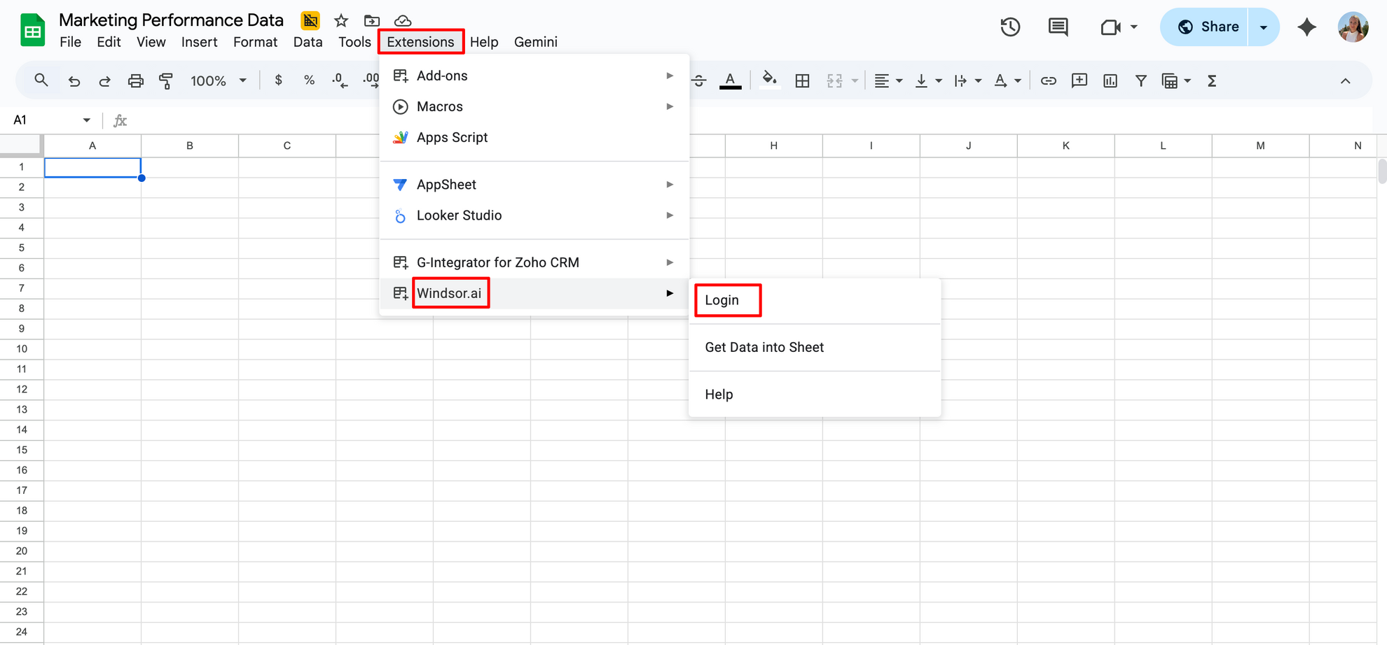 windsor.ai extension google sheets