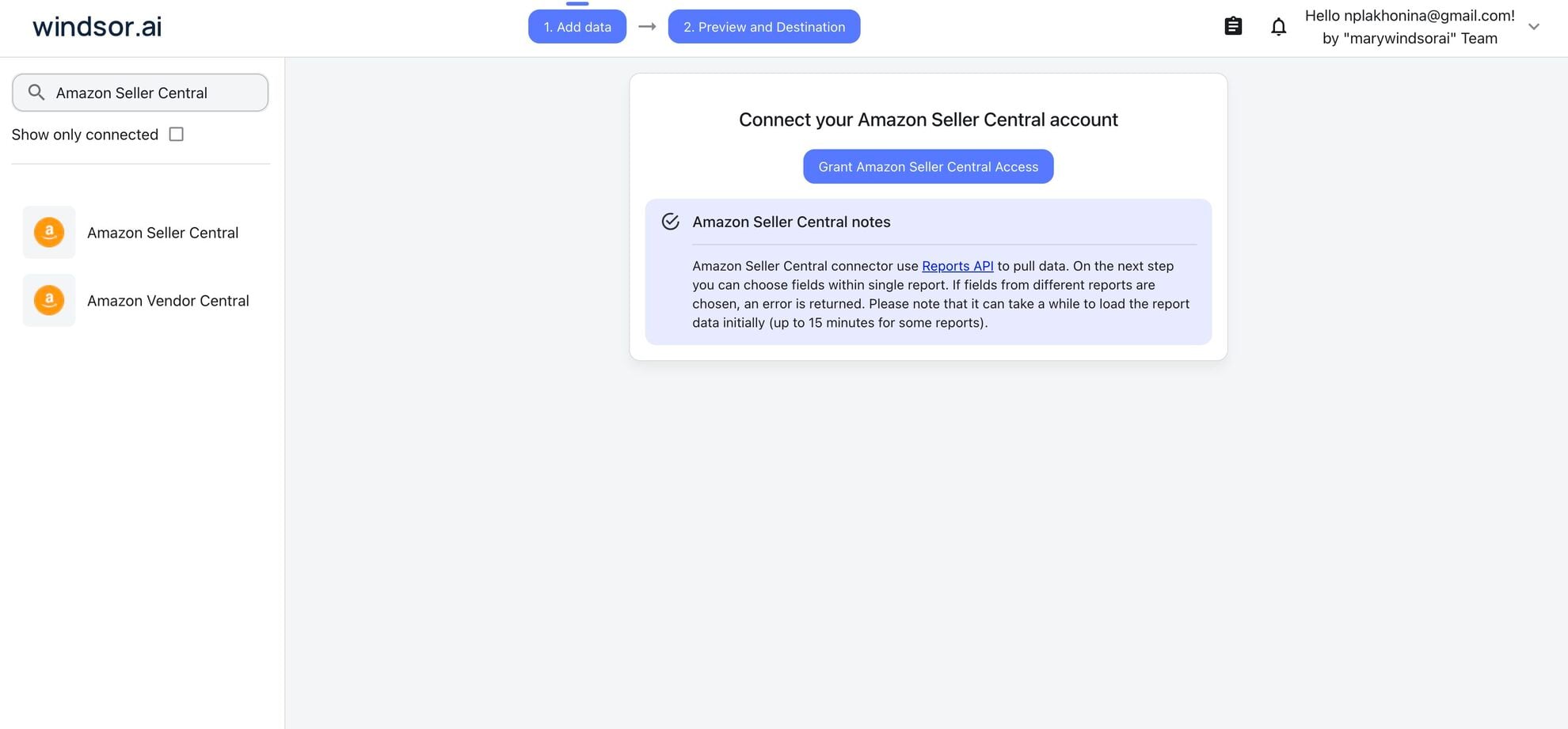 Amazon Seller Central data source