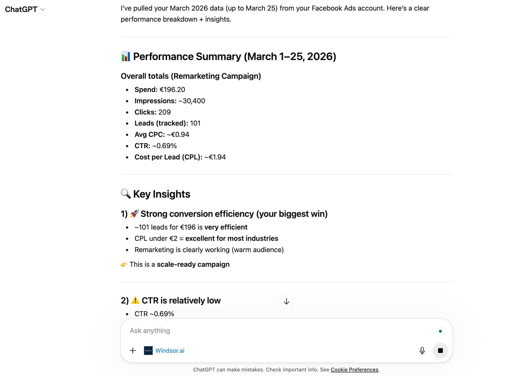 facebook ads analysis in chatgpt windsor mcp