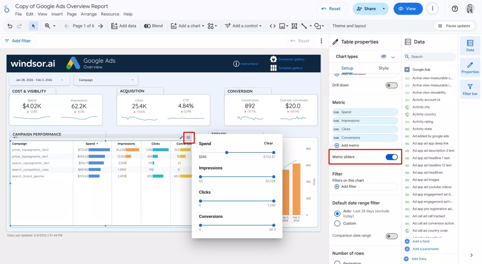metric sliders looker studio