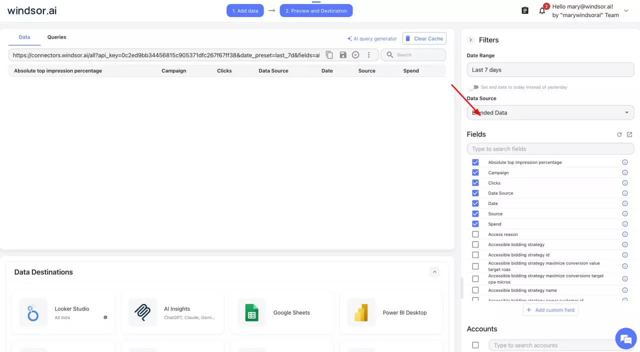 select fields and metrics winsdor