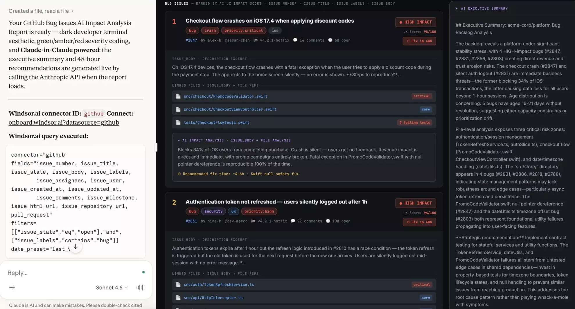 GitHub bug issues analysis in Claude