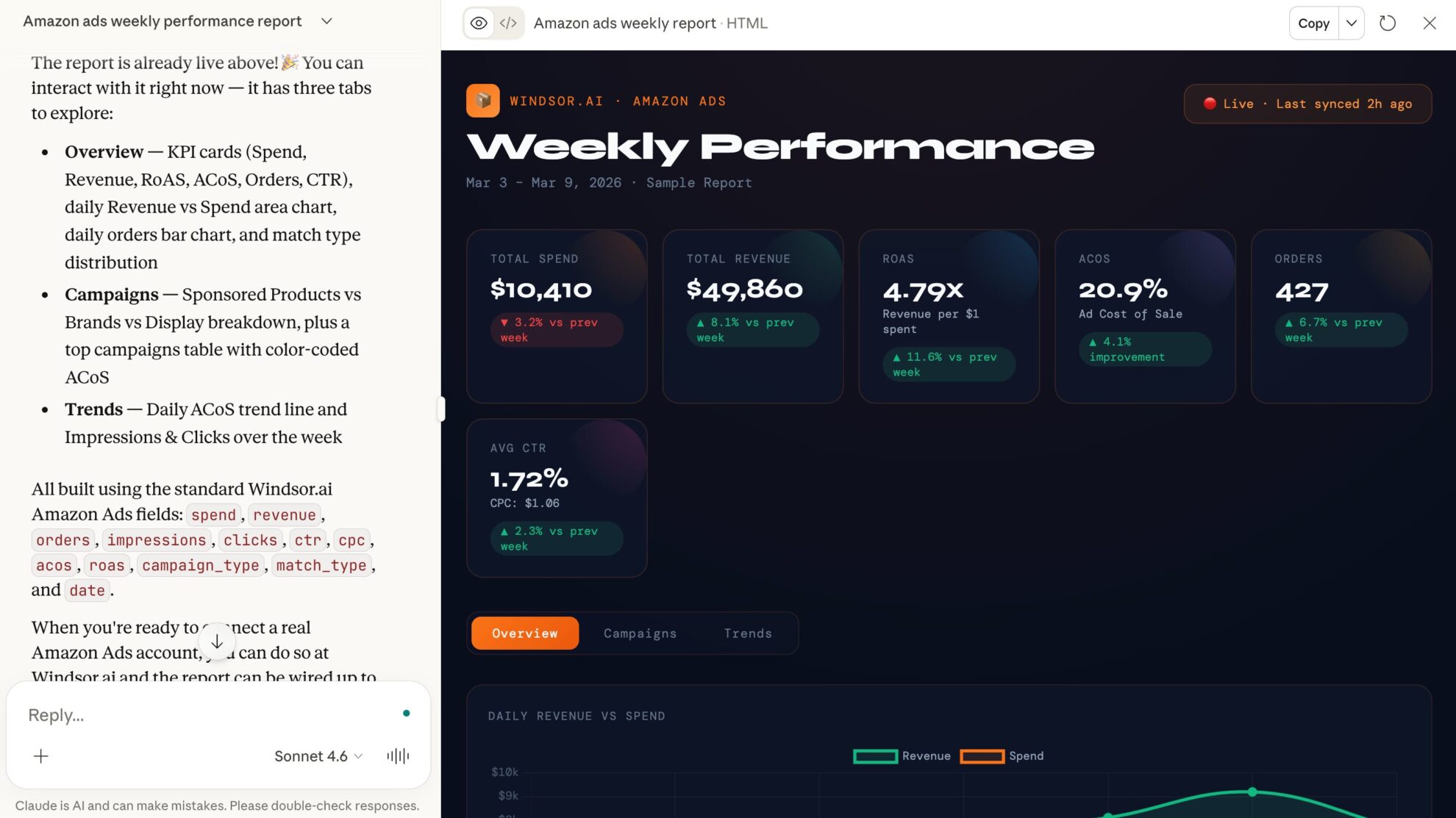 amazon ads performance report in claude windsor mcp