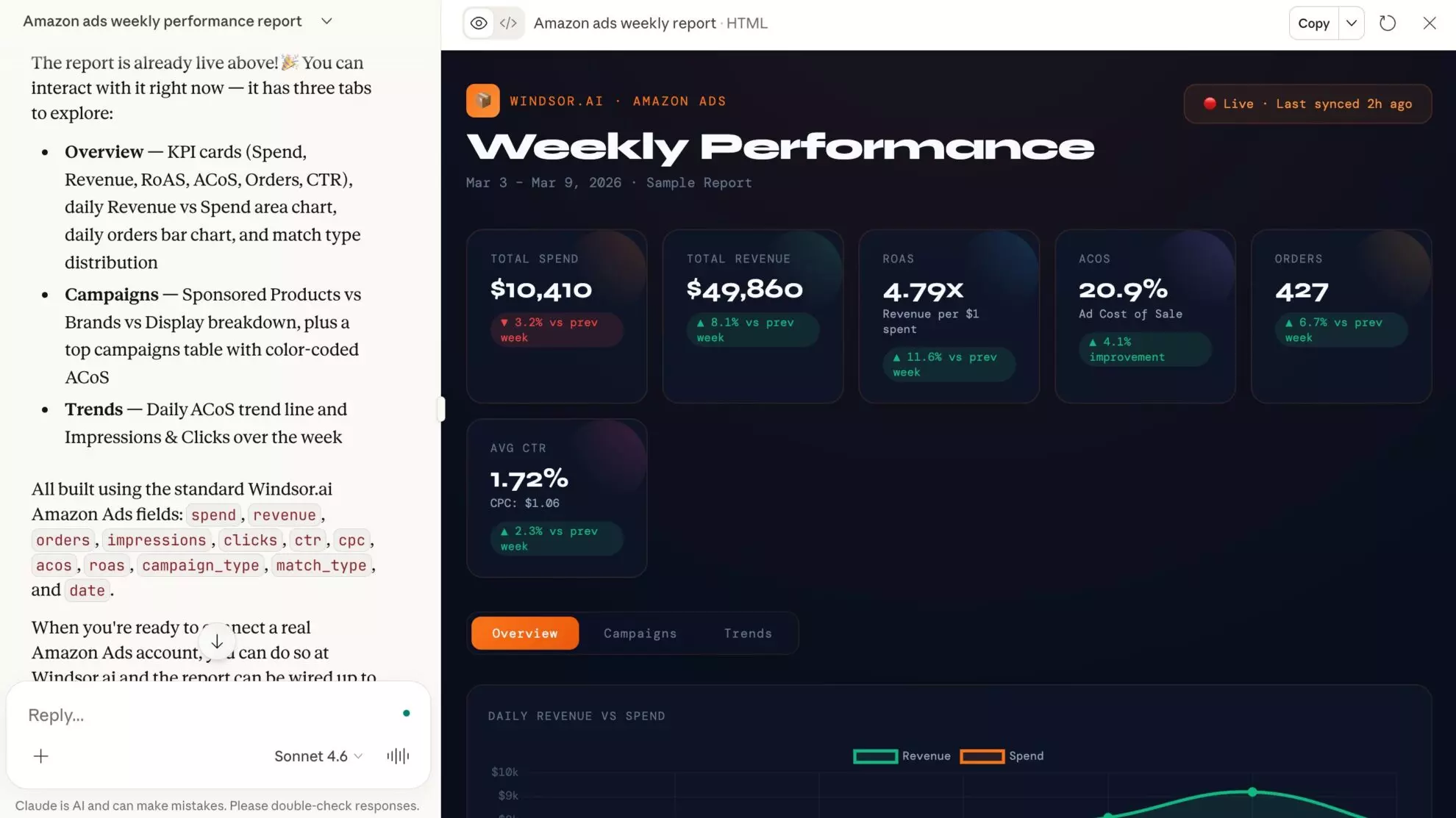 amazon ads performance report in claude windsor mcp