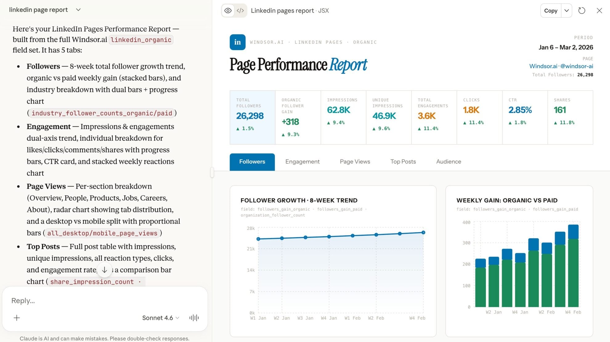 linkedin page report in claude windsor