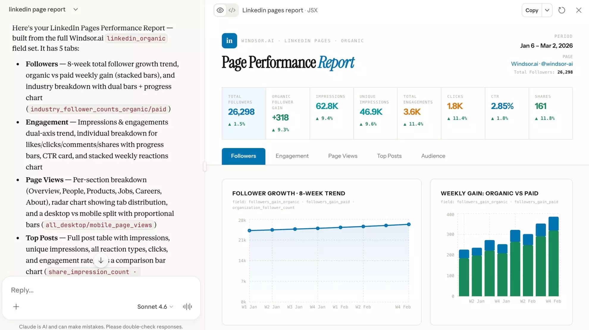 linkedin page report in claude windsor
