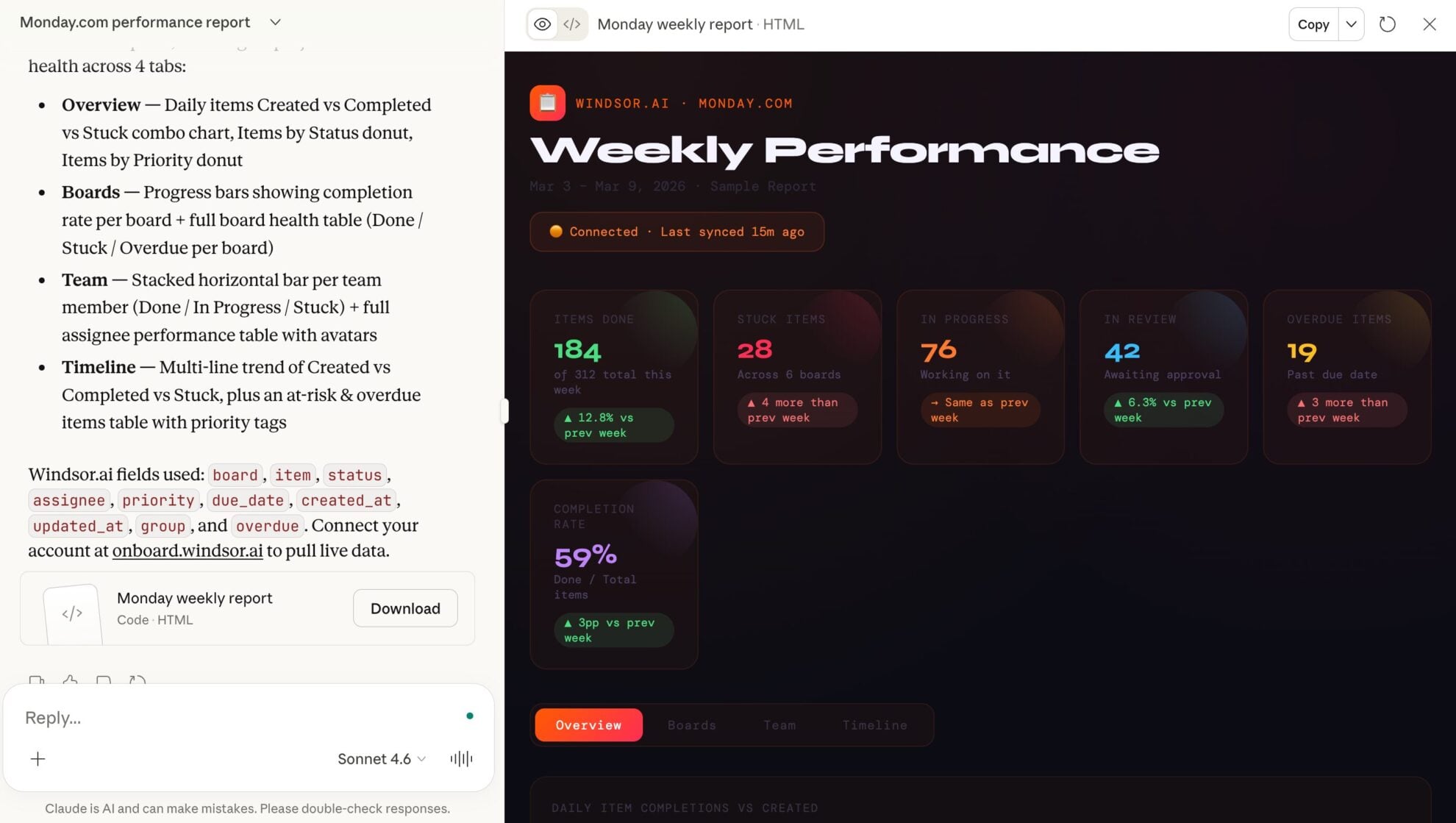 monday.com report in claude windsor mcp
