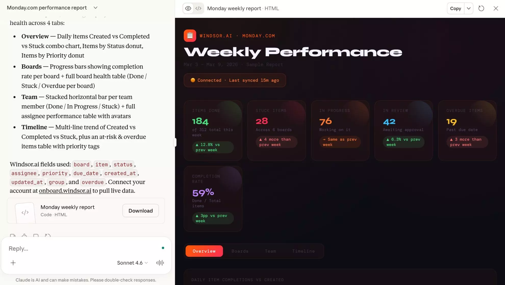 monday.com report in claude windsor mcp