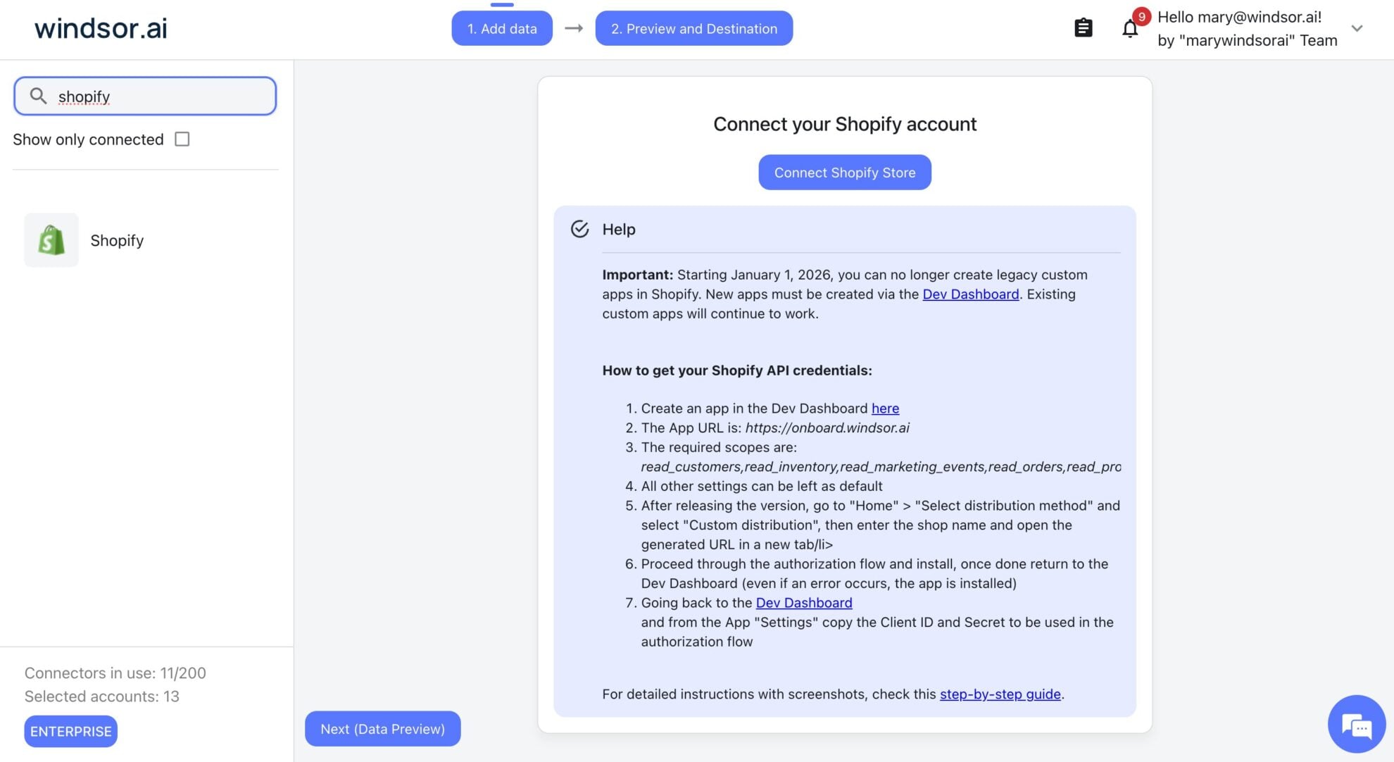 shopify data source windsor