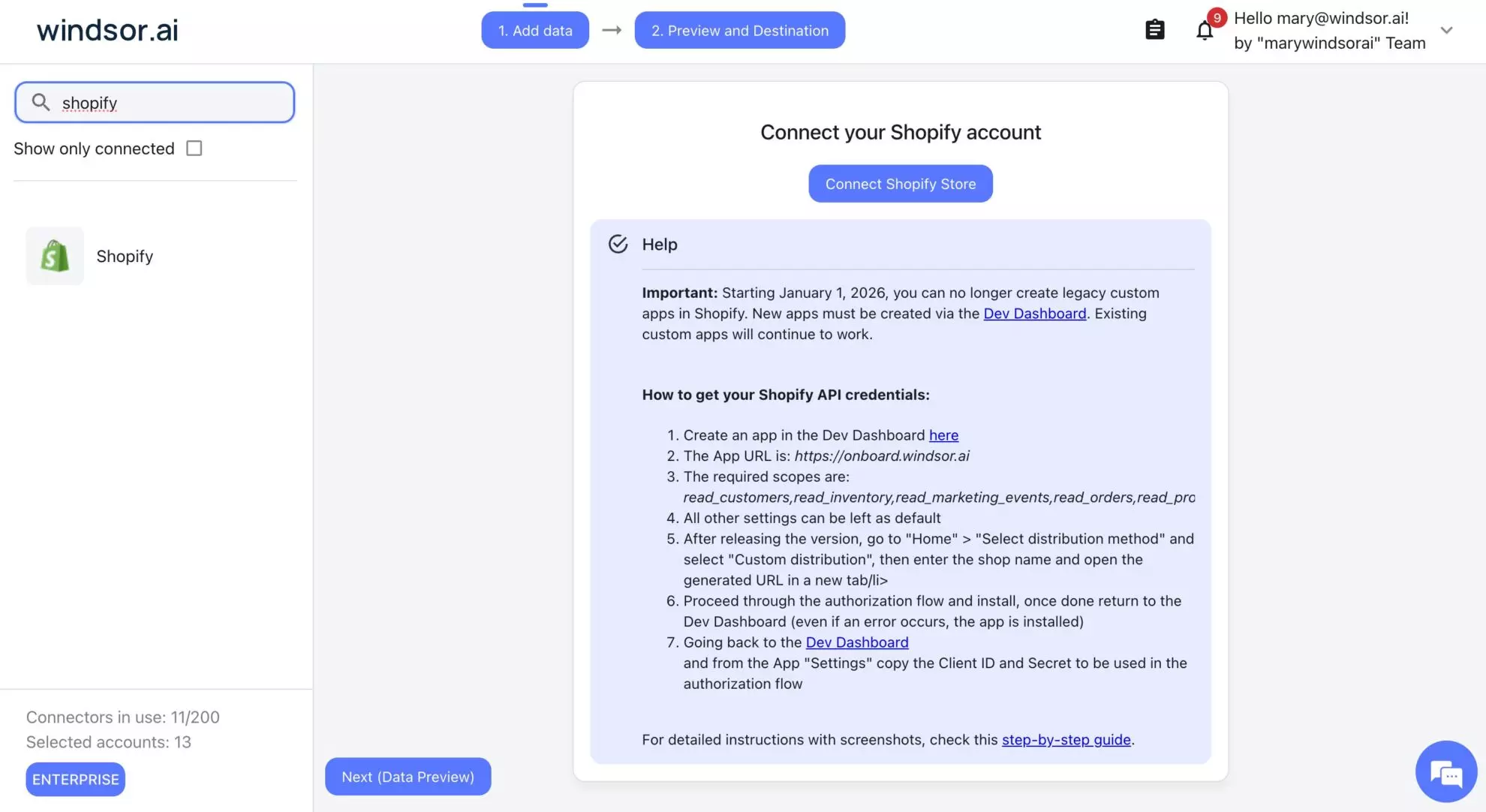 shopify data source windsor