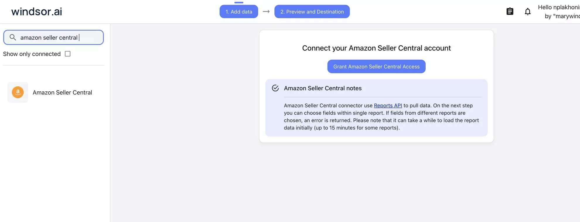 Amazon Seller Central data source