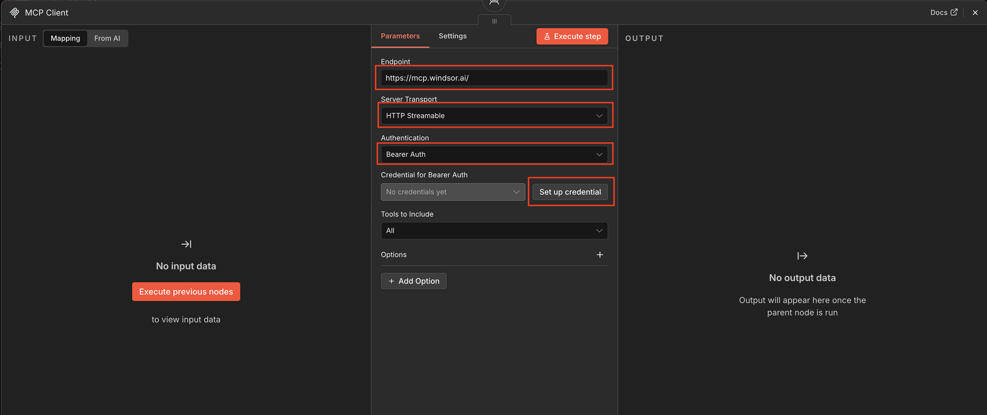 add windsor mcp client tool to n8n