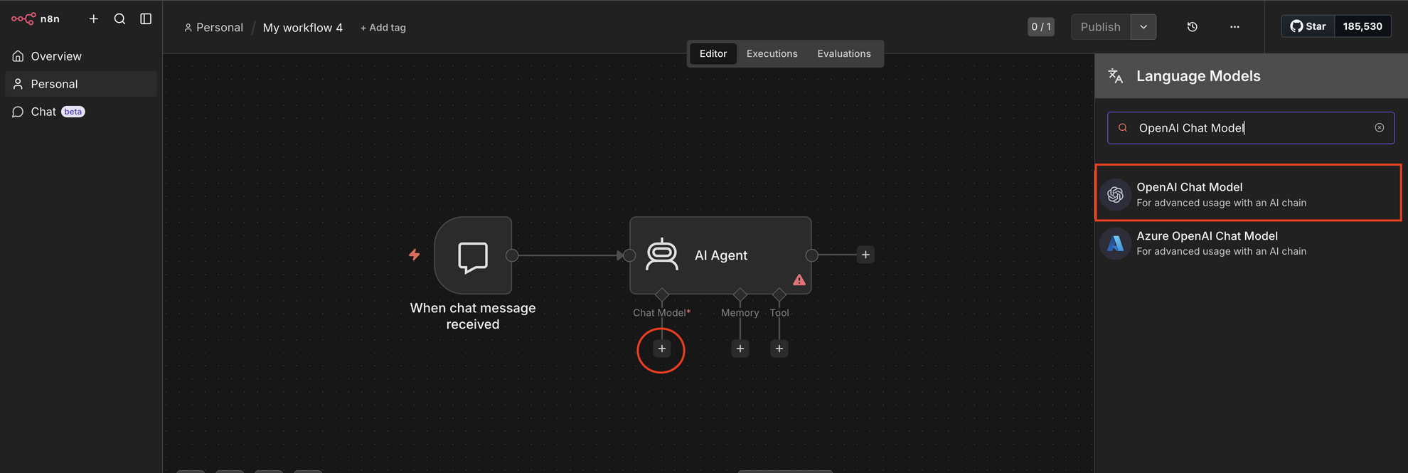 add OpenAI Chat Model in n8n