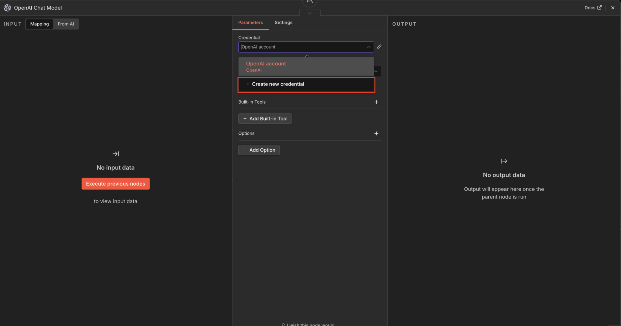 create new credentials openai model n8n