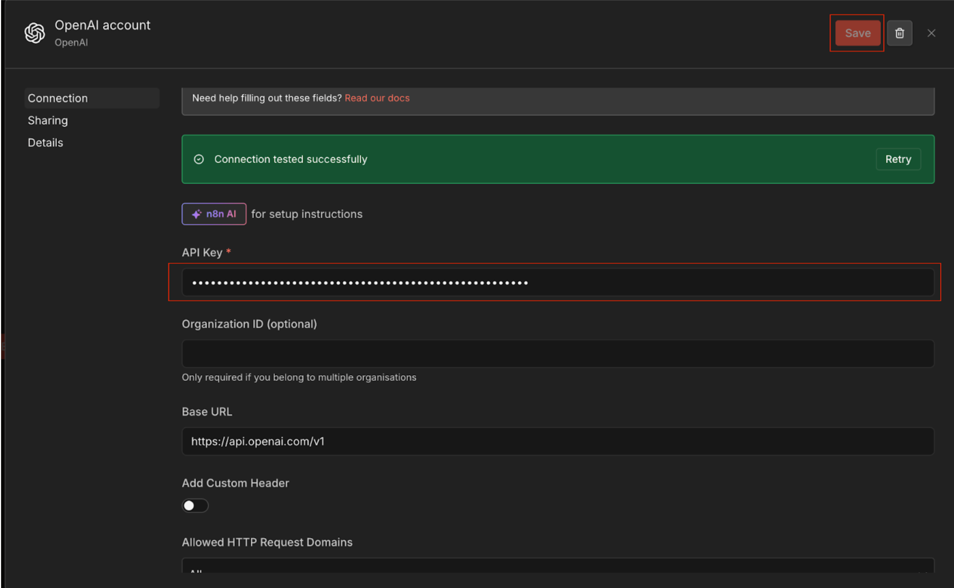 connect openai api key n8n