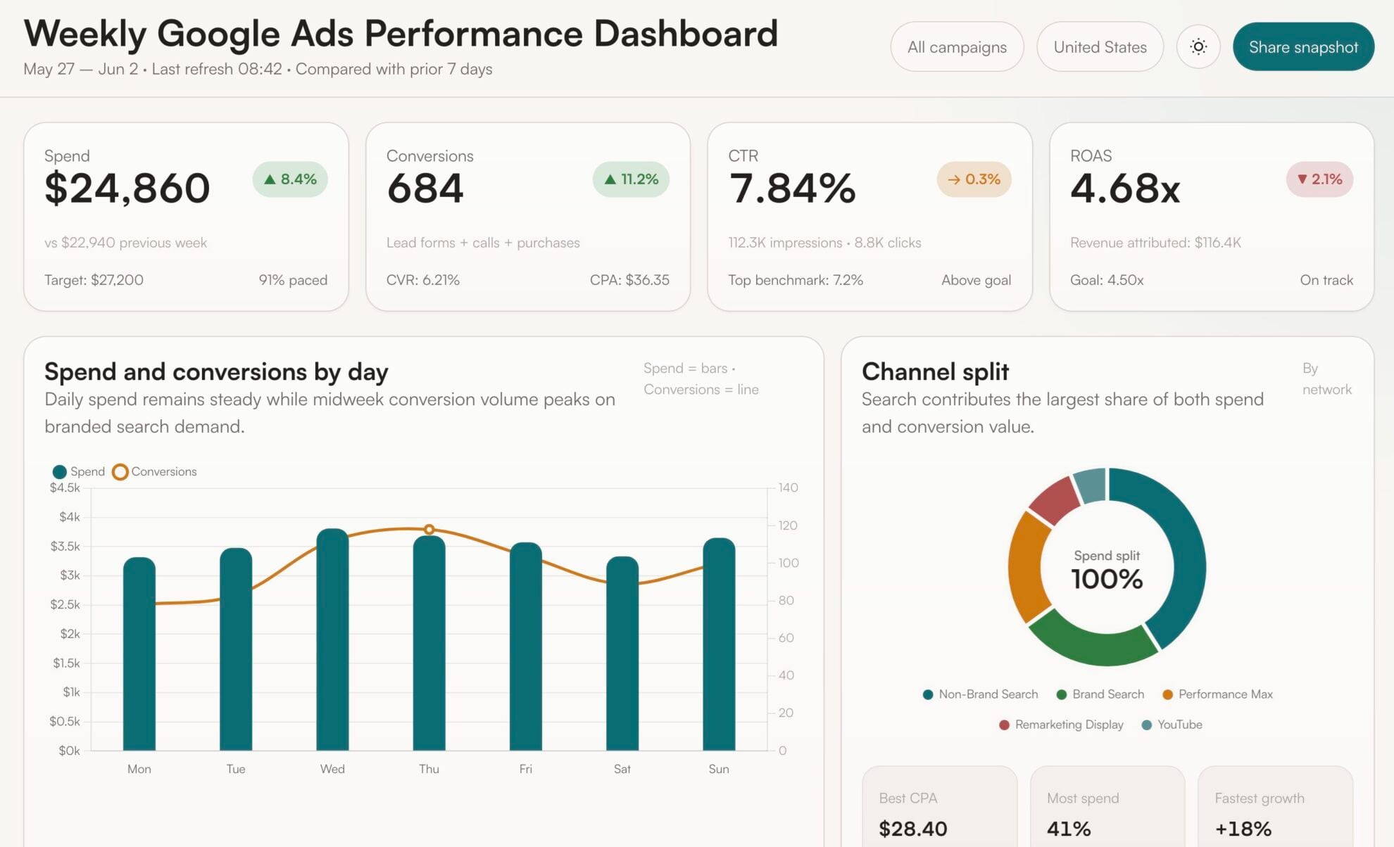 Google Ads performance dashboard in Perplexity