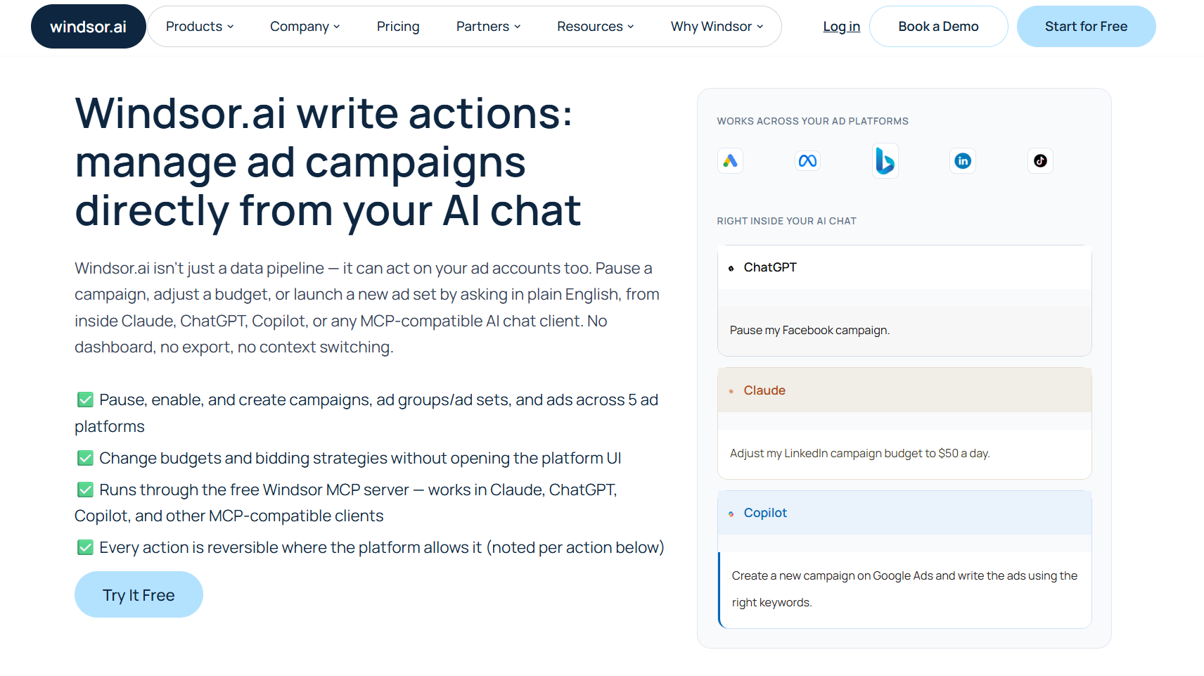 Windsor.ai write access support matrix across Google, Meta, Microsoft, LinkedIn and TikTok Ads