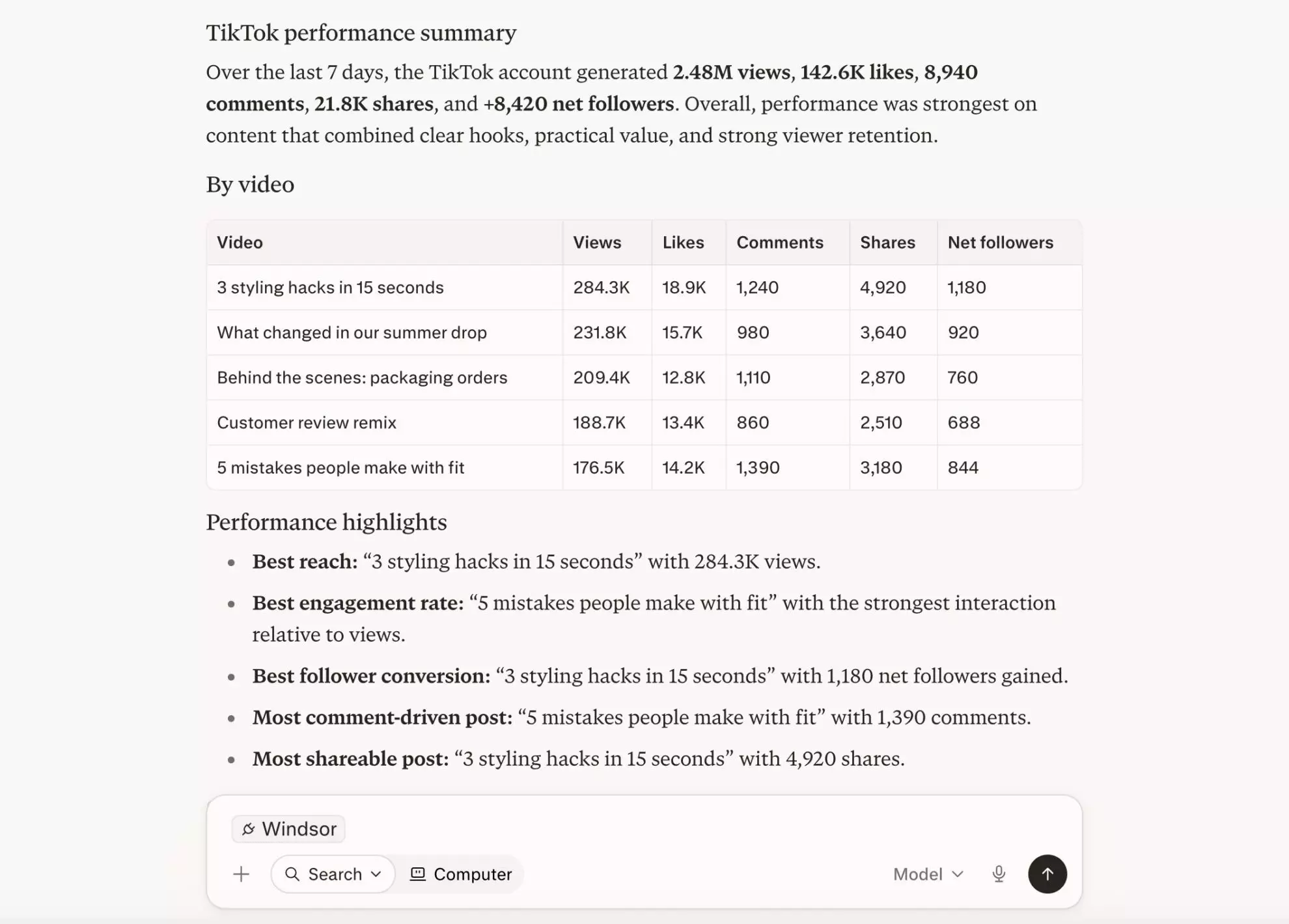 analyze TikTok Organic data in Perplexity