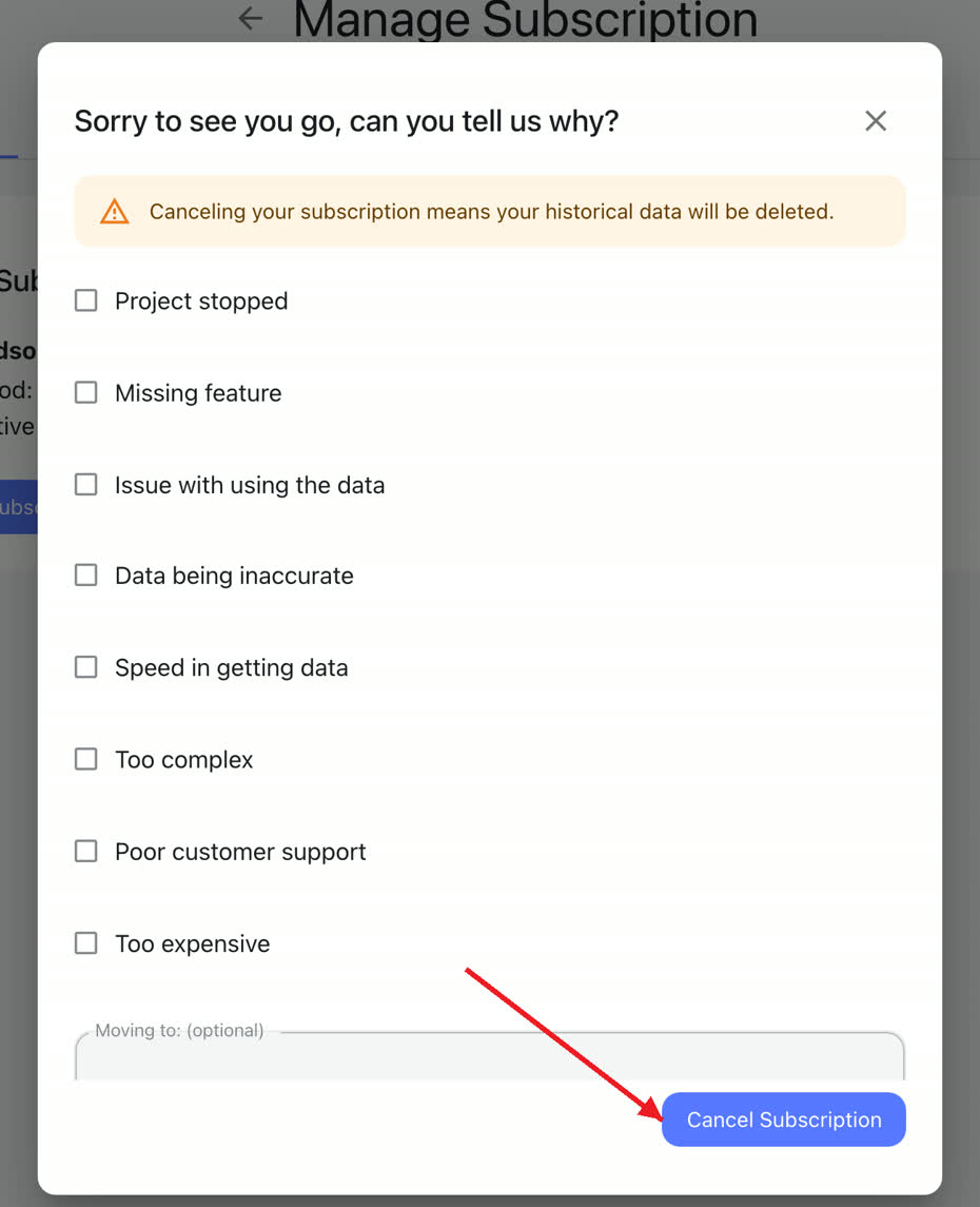 Windsor.ai cancellation window with a red arrow pointing to the Cancel Subscription confirm button