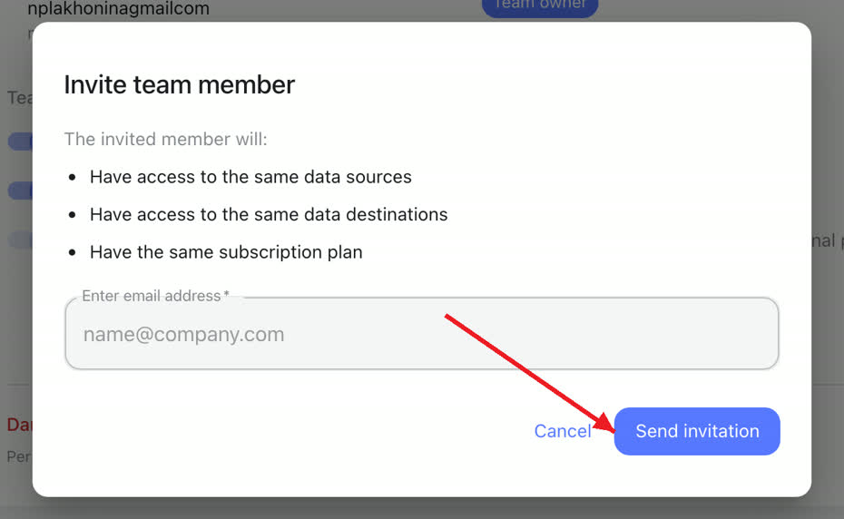 Windsor.ai Invite team member window with a red arrow pointing to the Send invitation button