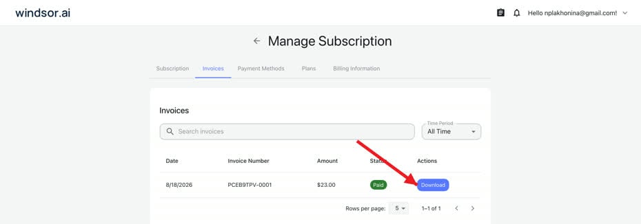 Windsor.ai Invoices tab with a red arrow pointing to the Download button