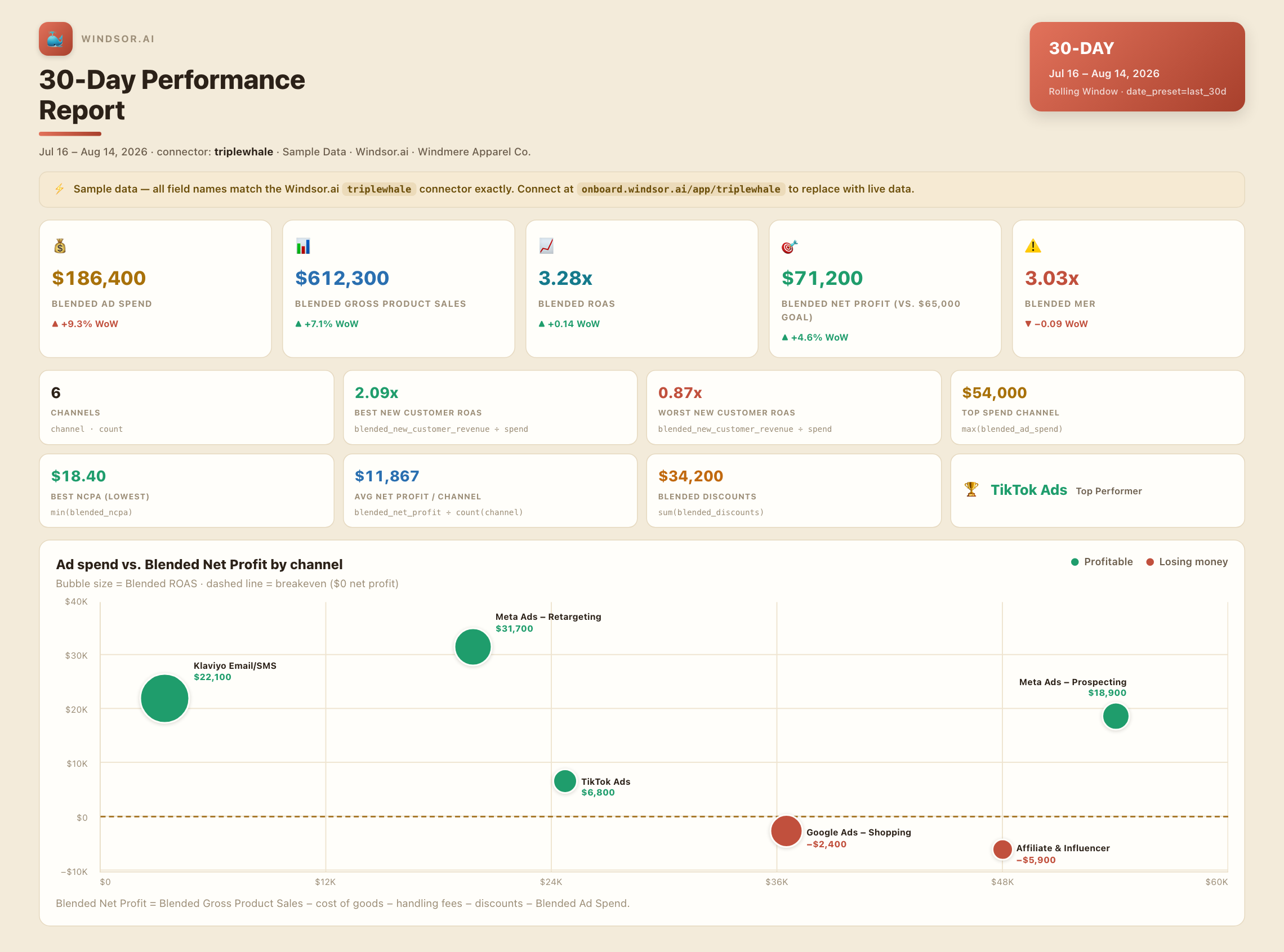 Triple Whale 30-day performance report dashboard mockup showing blended net profit, ROAS, and new customer ROAS by channel