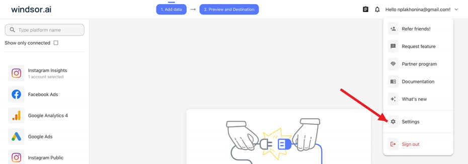 Windsor.ai account menu open with a red arrow pointing to the Settings option