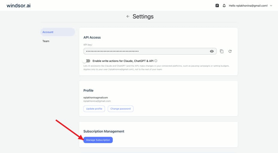 Windsor.ai Settings Account tab with a red arrow pointing to the Manage Subscription button