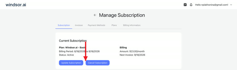 Windsor.ai Manage Subscription page with a red arrow pointing to the Cancel Subscription button