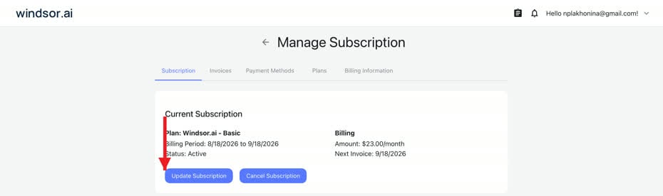 Windsor.ai Manage Subscription page with a red arrow pointing to the Update Subscription button