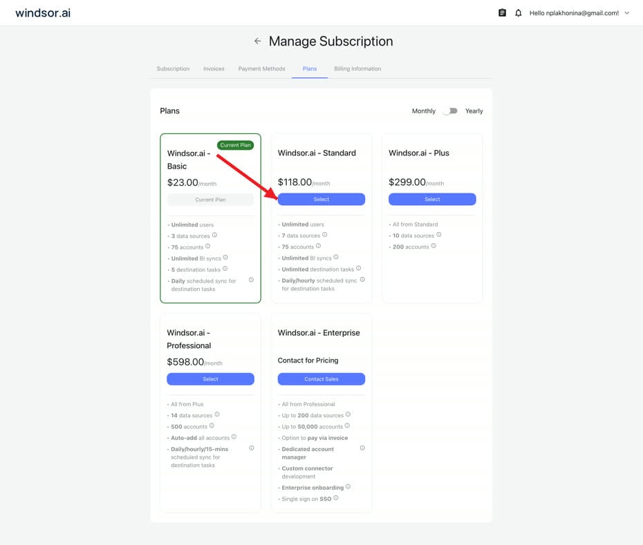 Windsor.ai Plans tab with a red arrow pointing to a plan's Select button