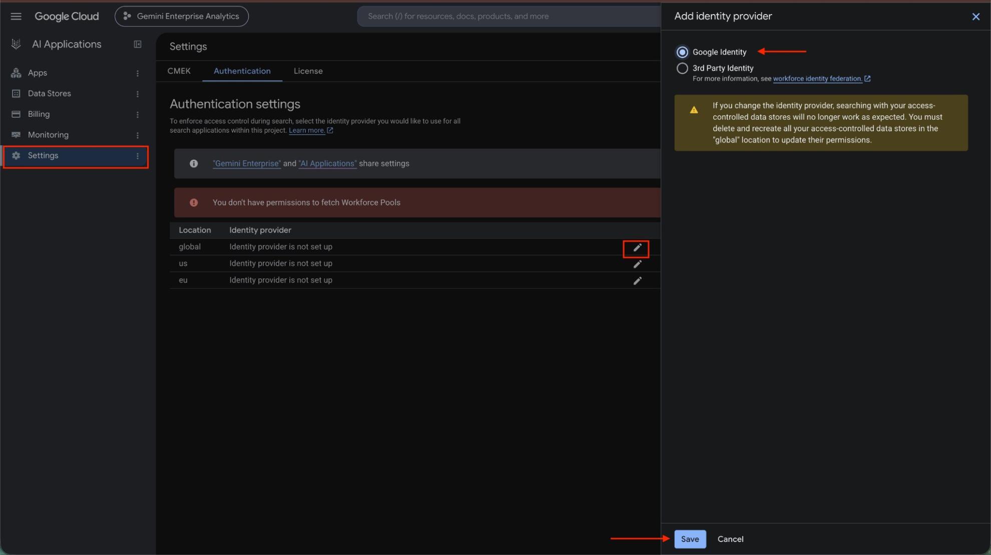 Add identity provider panel with Google Identity selected