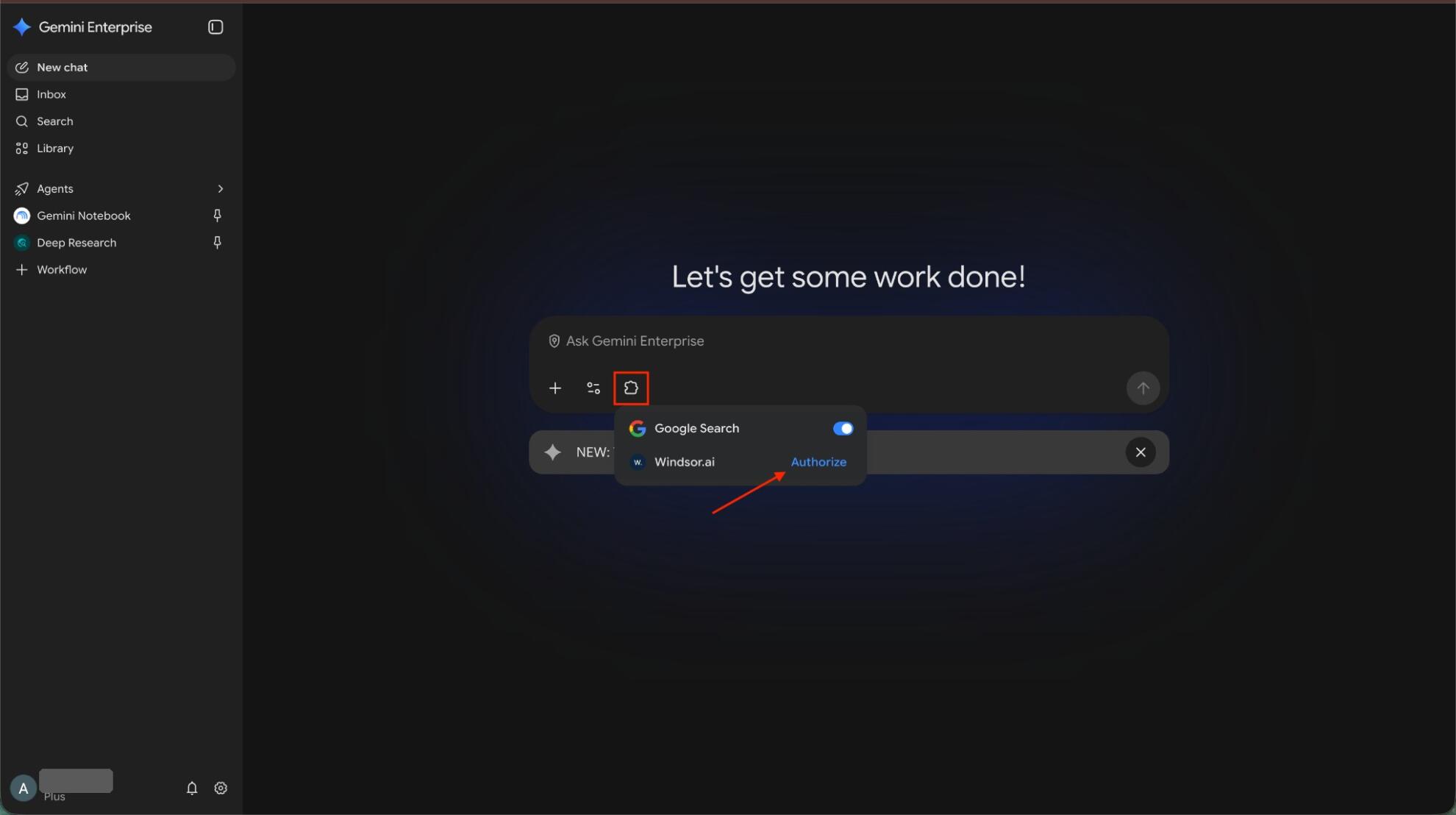 Authorize Windsor.ai from the connectors menu in the Gemini Enterprise web app