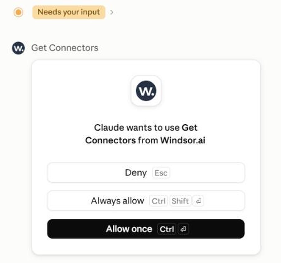Claude asking permission to use a Windsor.ai tool, with Deny, Always allow and Allow once options