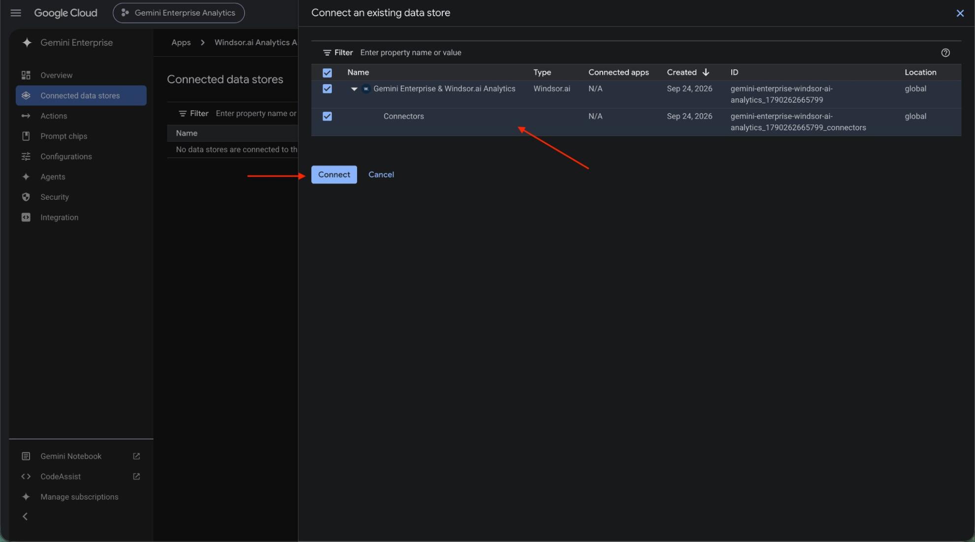 Connecting the Windsor.ai data store to the Gemini Enterprise app