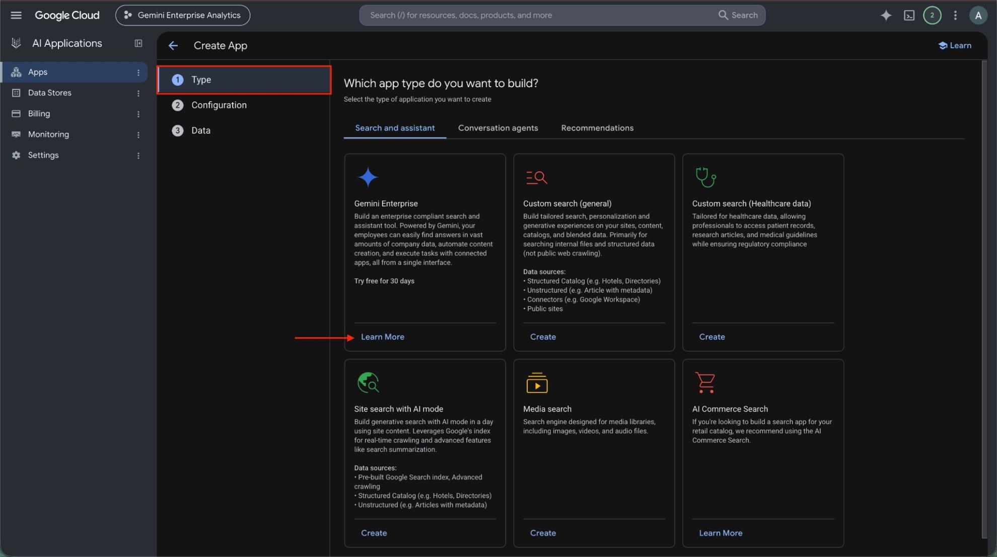 Gemini Enterprise card on the Search and assistant tab
