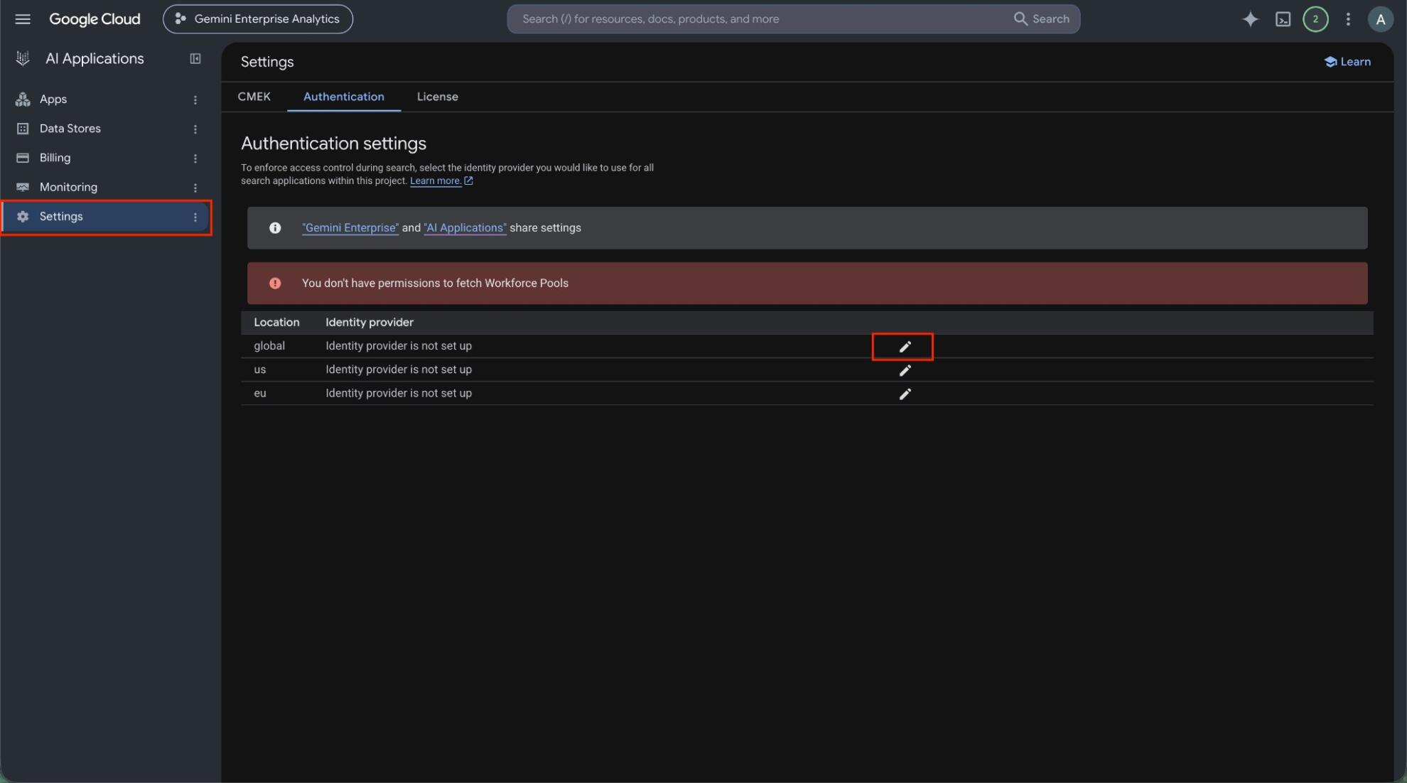 Authentication settings with the identity provider for each location