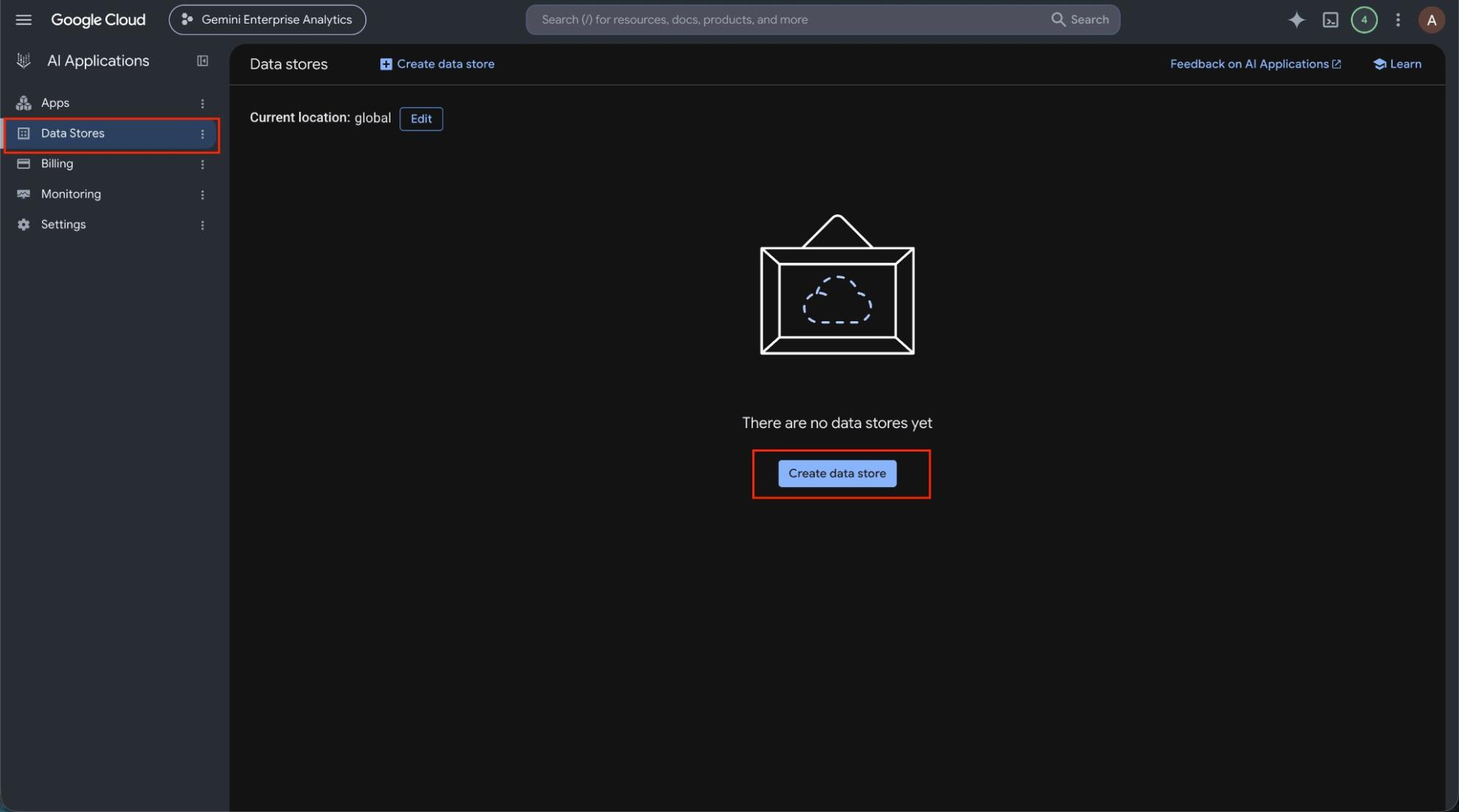 Create data store button on the Gemini Enterprise Data stores page