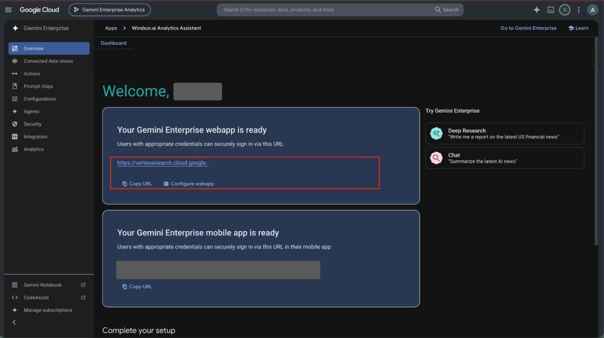 Gemini Enterprise web app URL on the app Overview page