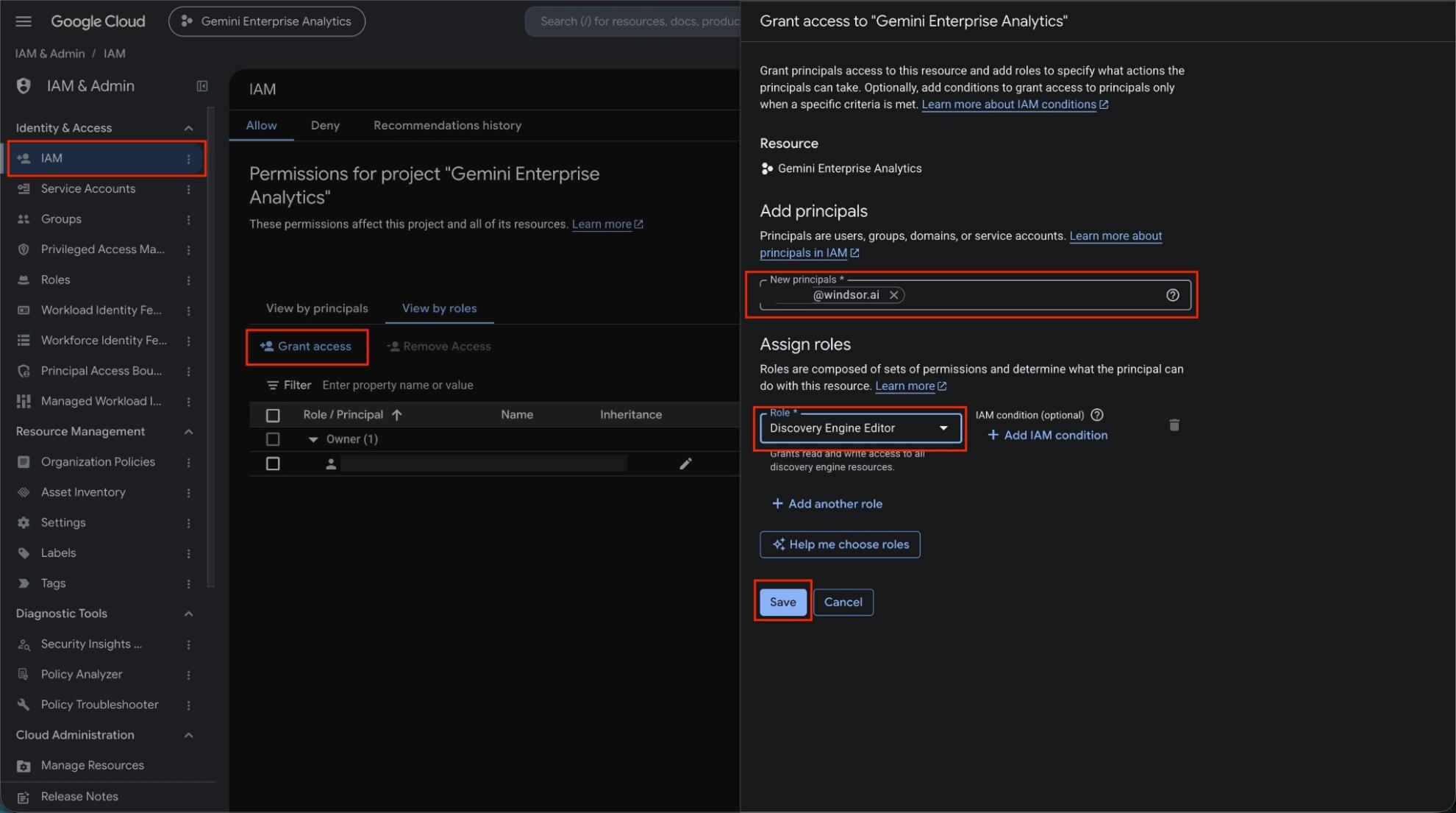Granting the Discovery Engine Editor role in Google Cloud IAM
