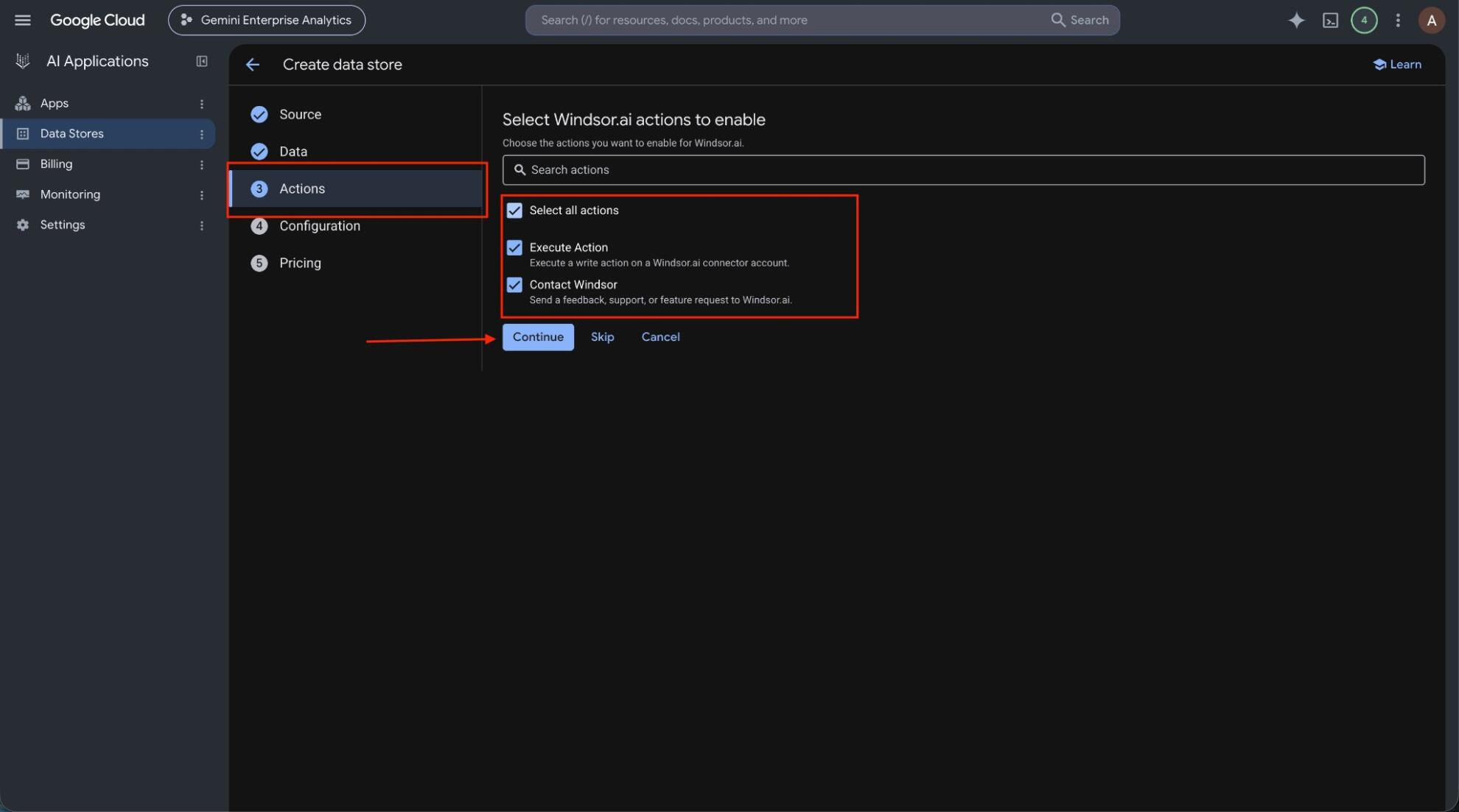 Execute Action and Contact Windsor actions selected for the Windsor.ai data store