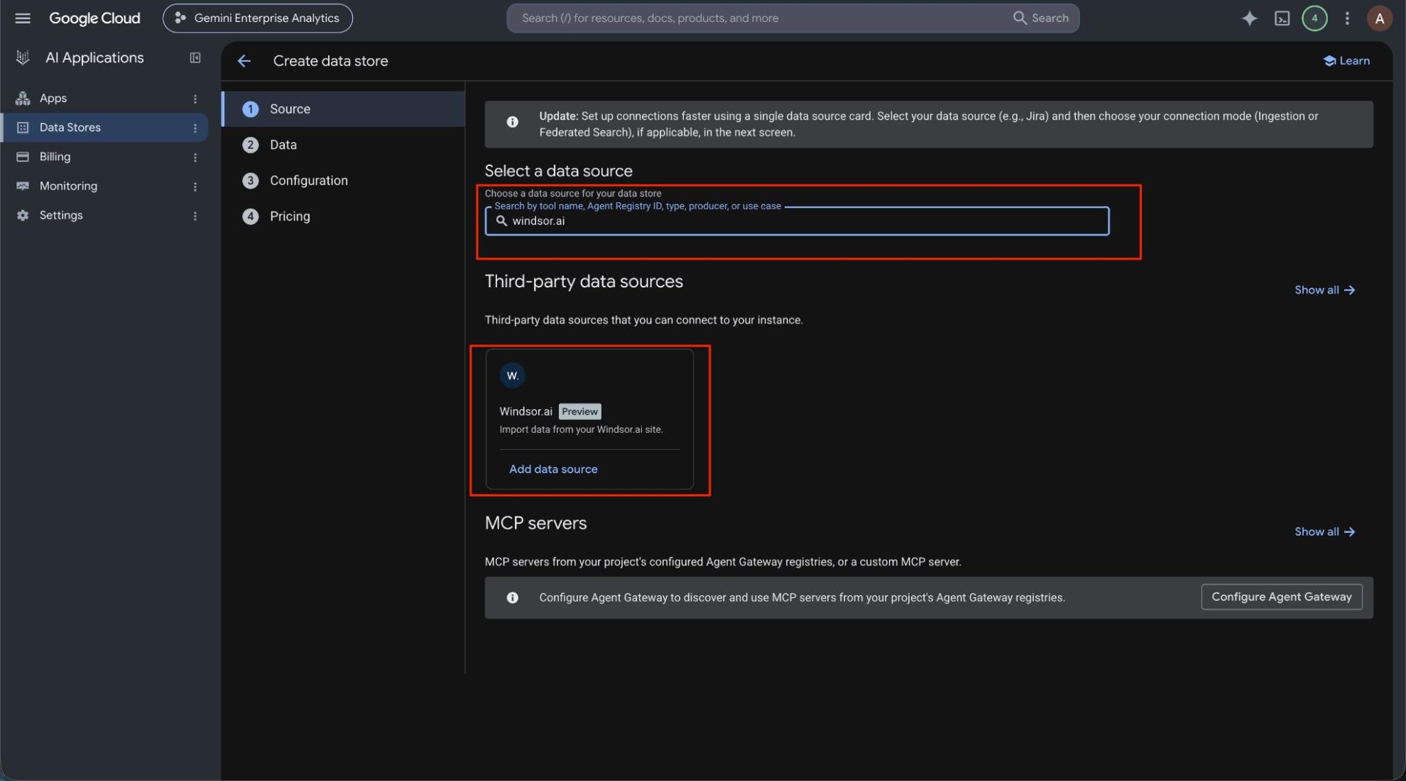 Windsor.ai in the third-party data sources list in Gemini Enterprise