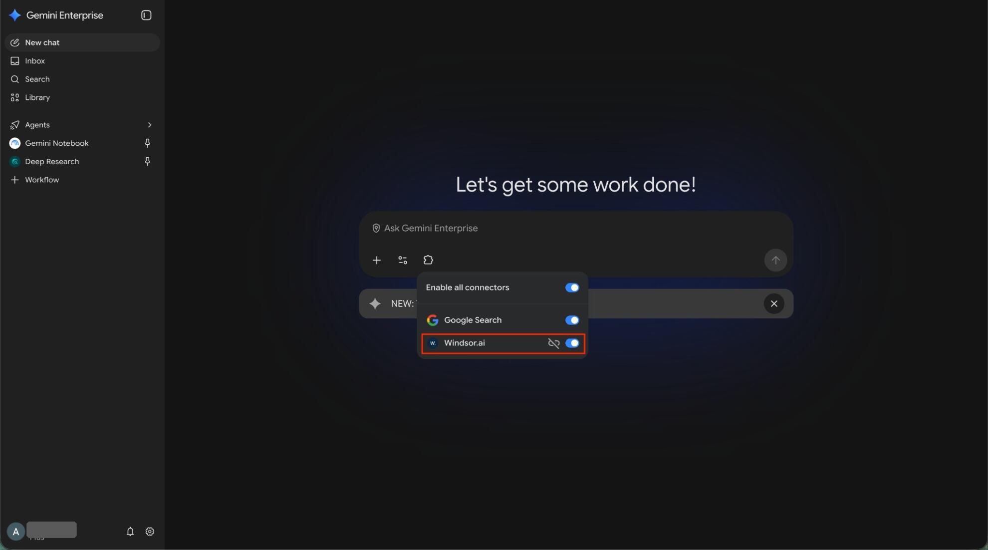 Windsor.ai connector toggle turned on in Gemini Enterprise