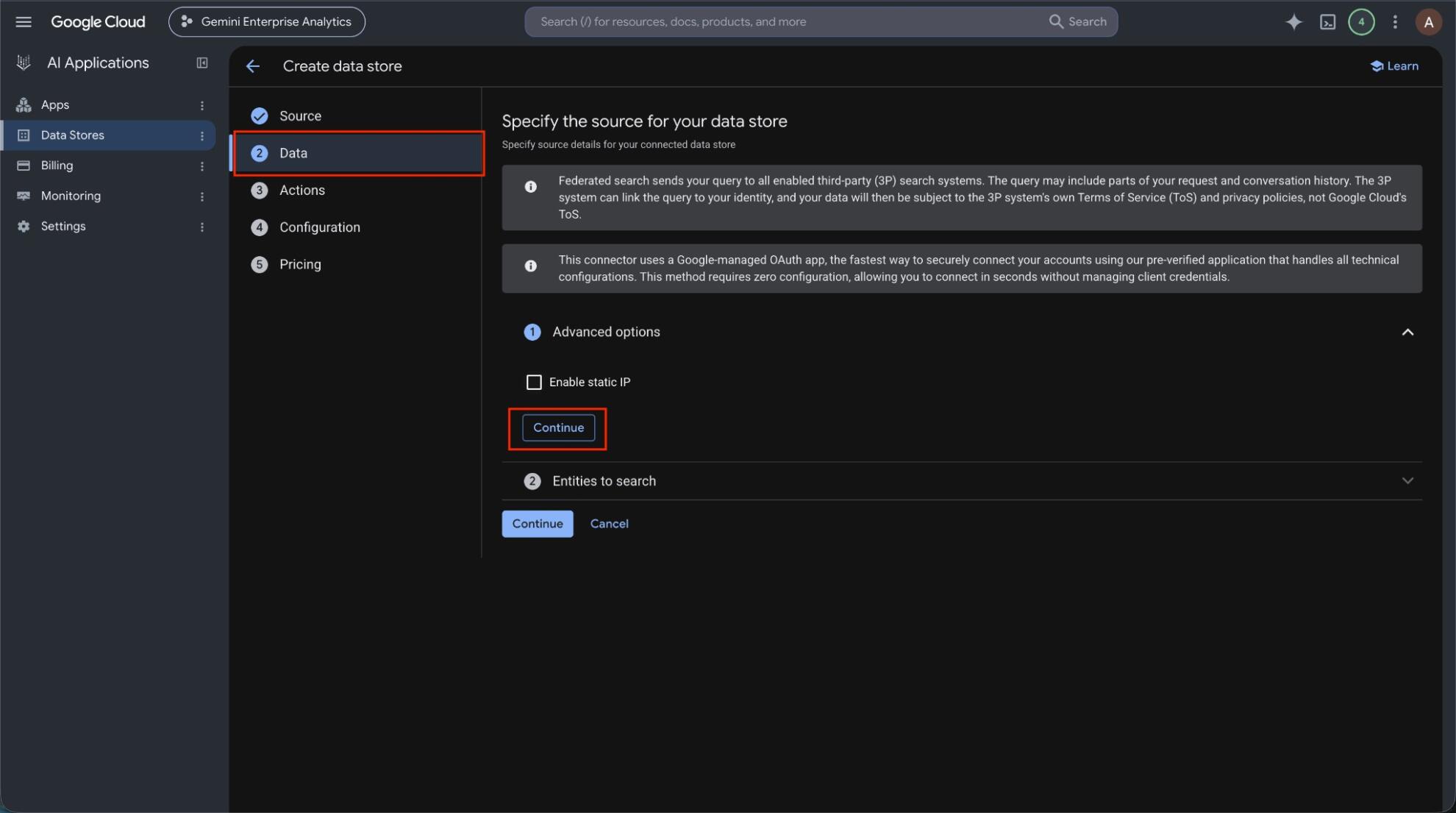 Advanced options with the Enable static IP checkbox for the Windsor.ai data store