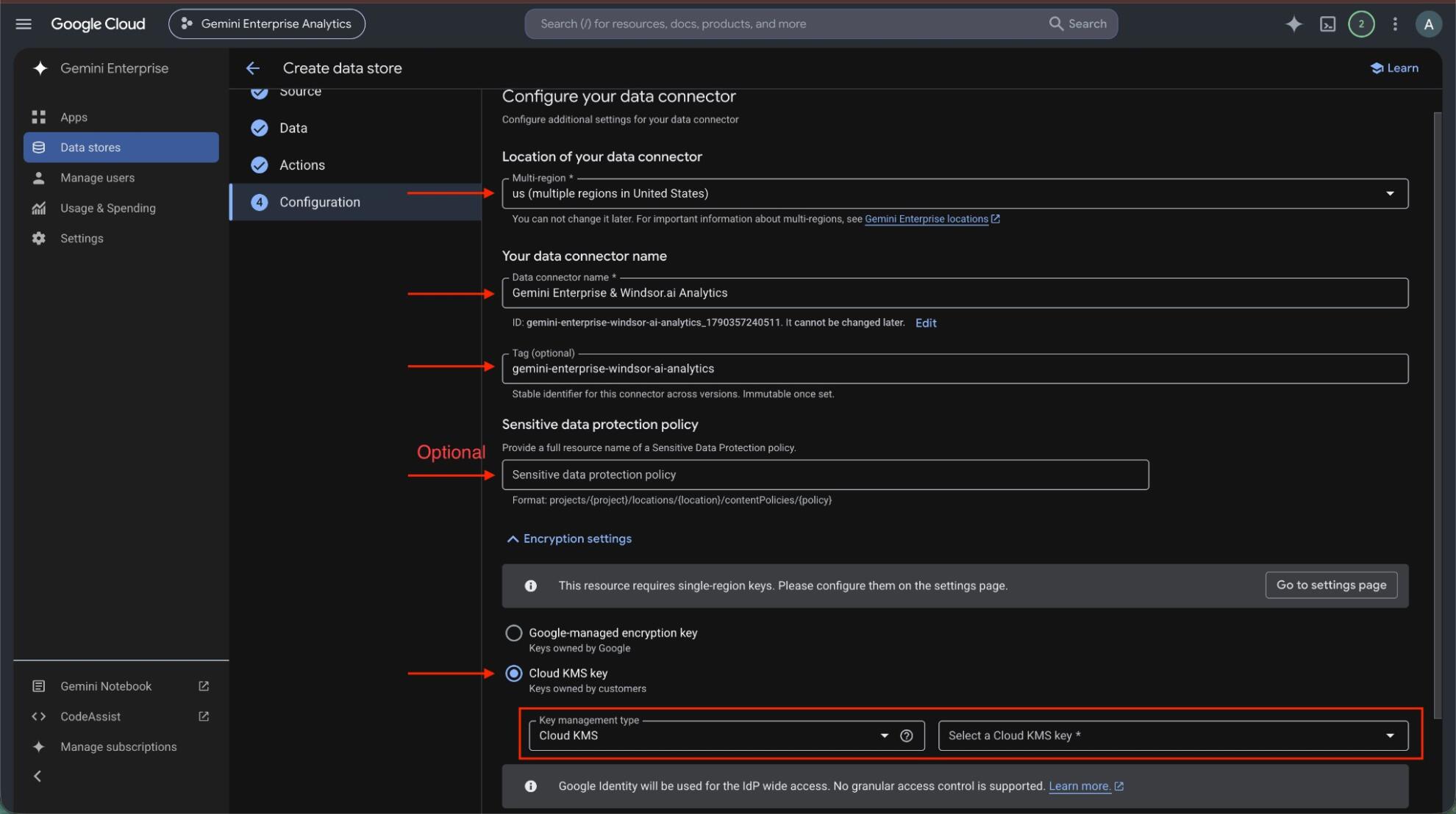 Cloud KMS key option in the Windsor.ai data store encryption settings