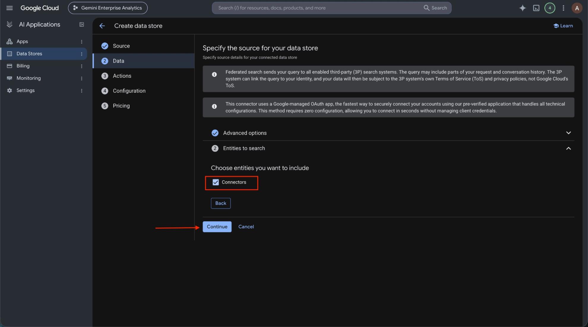 Connectors selected under Entities to search