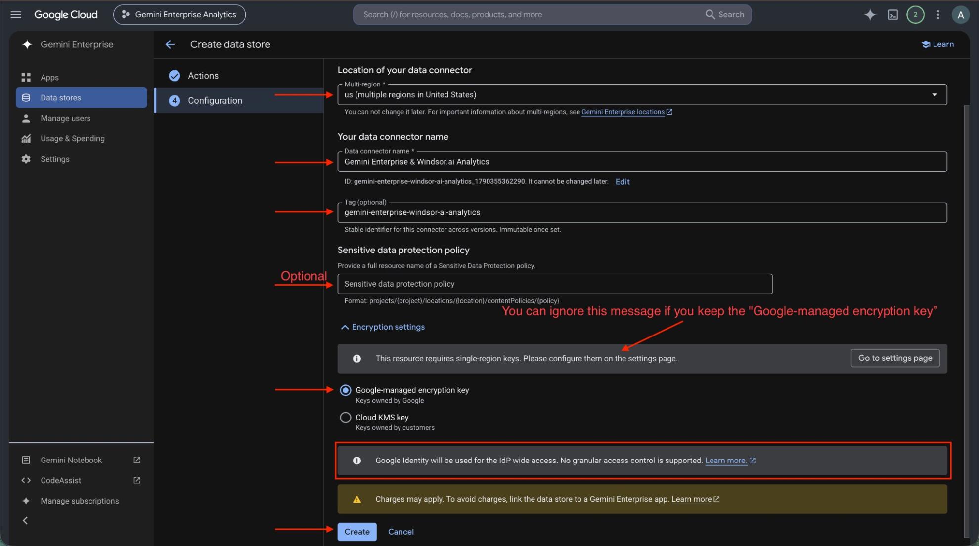 Encryption settings for the US location with the Google-managed encryption key