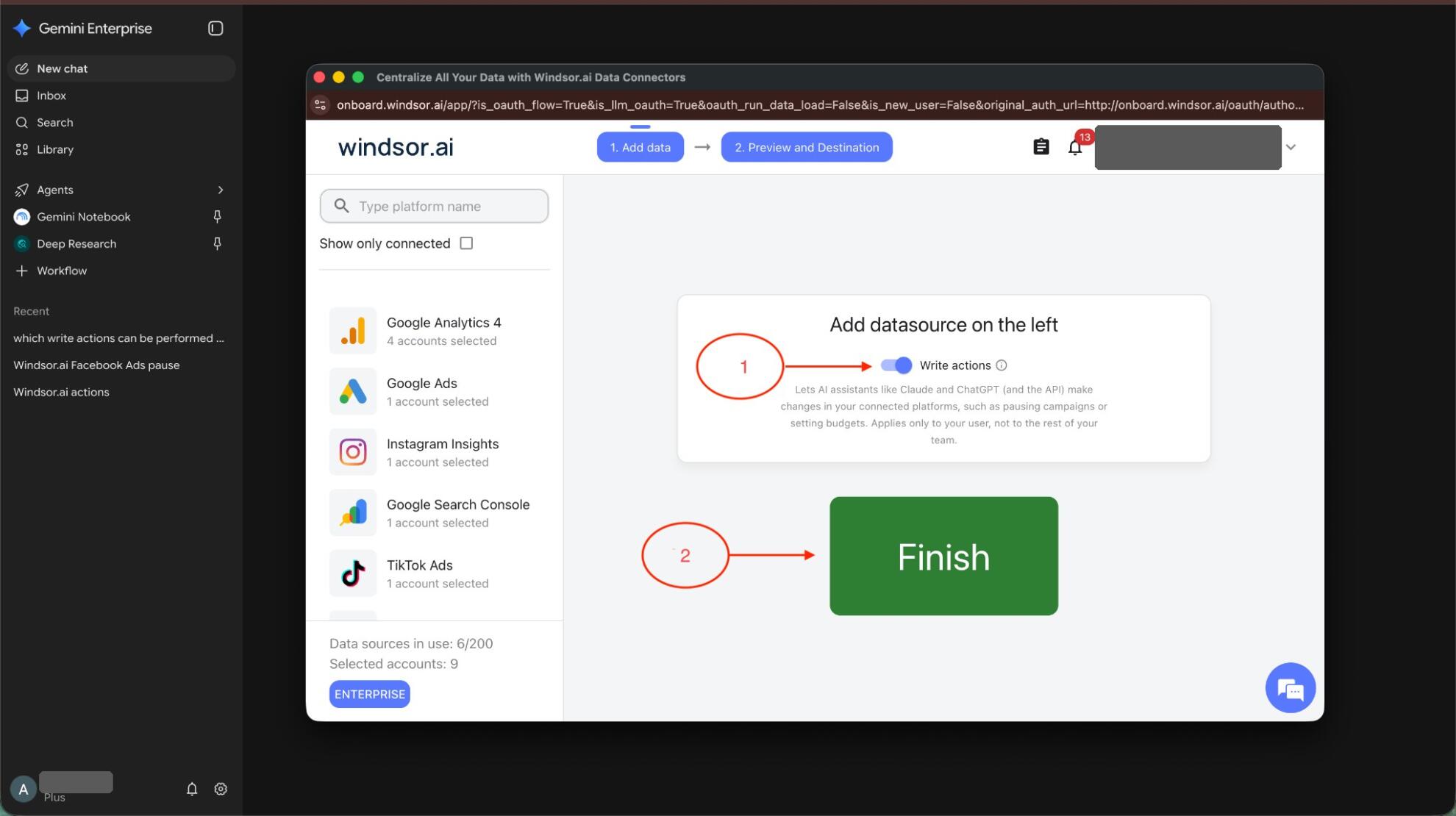 Write actions toggle and Finish button in Windsor.ai